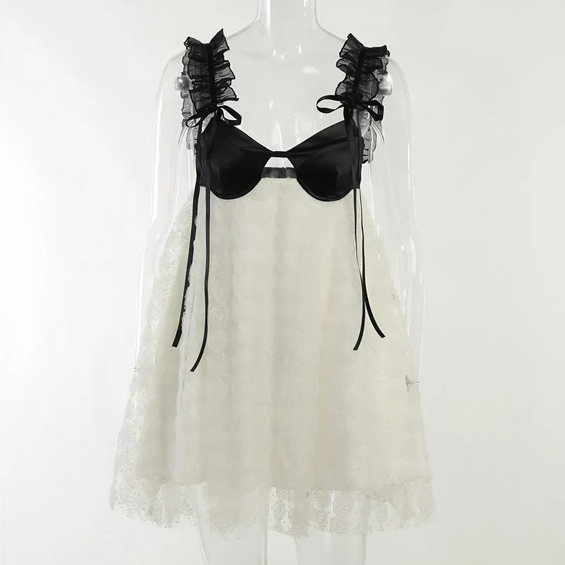 فستان نسائي بدون ظهر من الدانتيل على شكل زهرة أنيق بدون أكمام مرقع فساتين قصيرة فضفاضة صيفية مفرغة ملابس حفلات Coquette