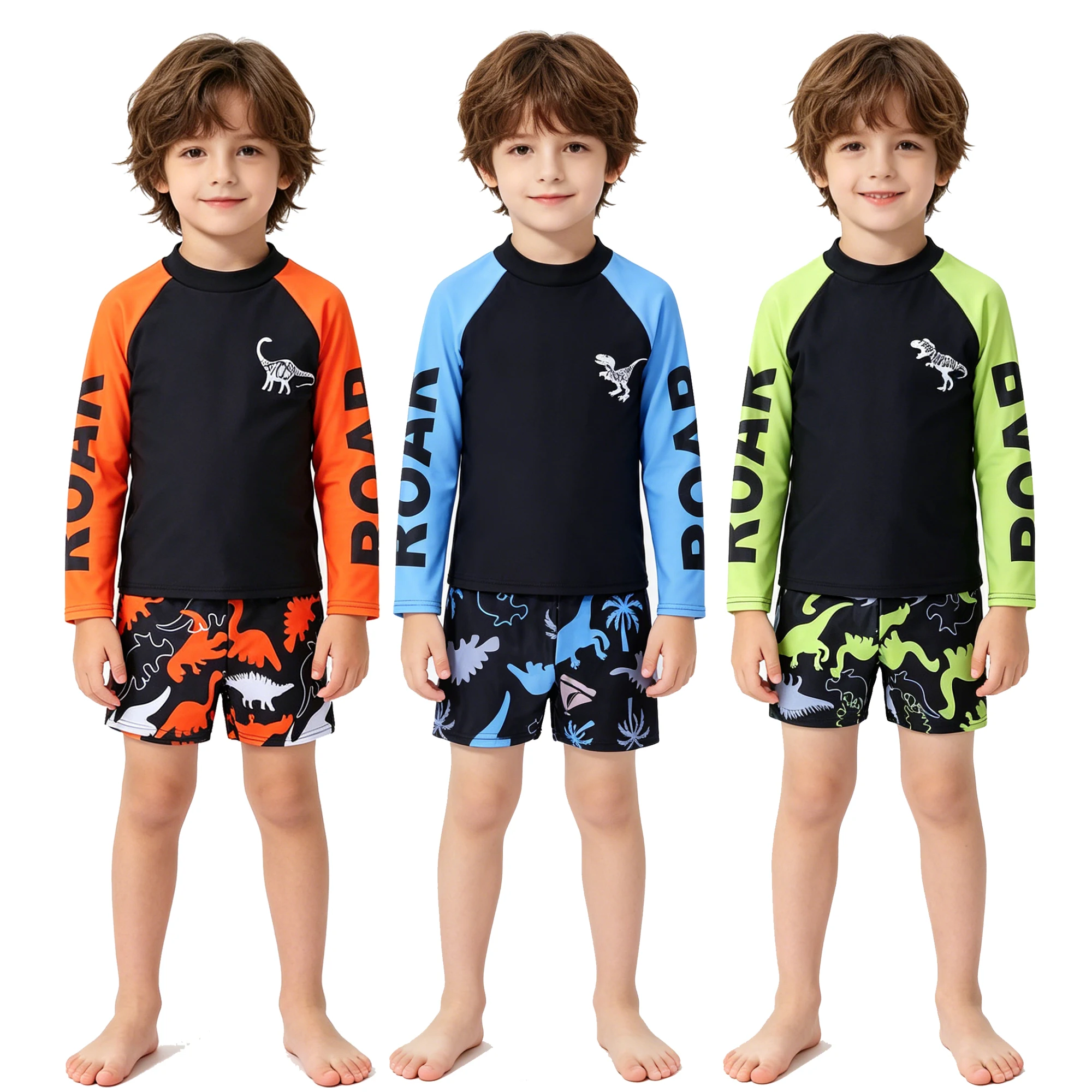 Boy Swimsuit 3 4 5 6 7 8 9 10 11 Years Two Piece Long Sleeve Kids Swim Suits UPF50+ Dinosaur Cartoon Children Beachwear Bath Set