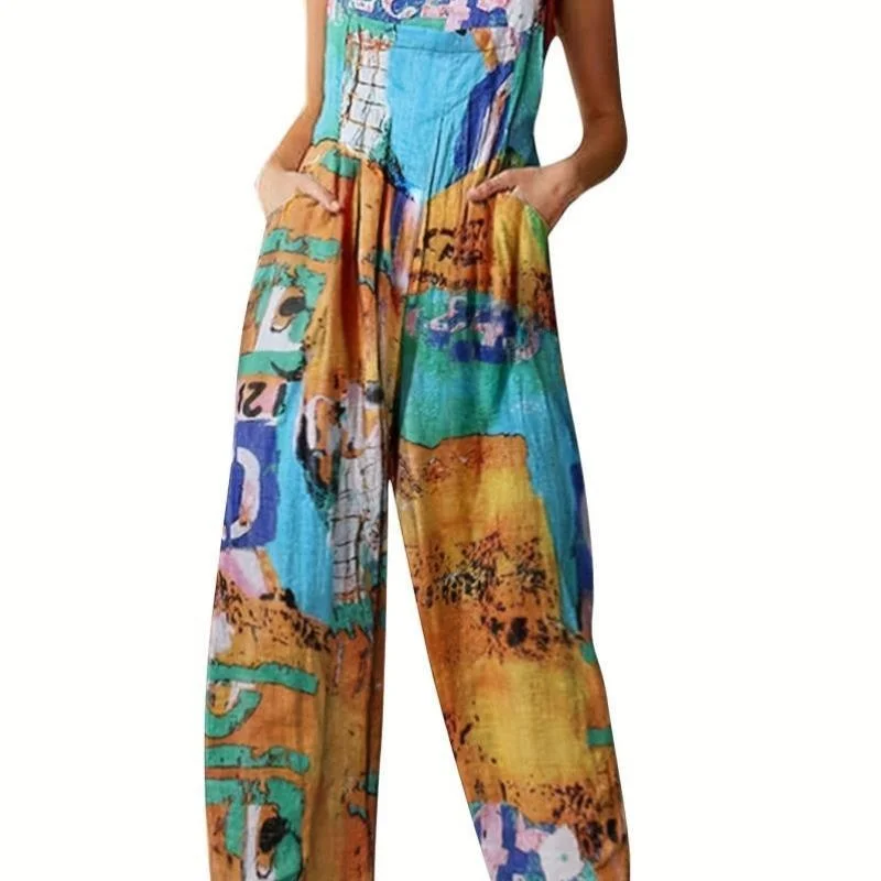 จั๊มพ์สูทลายดอกไม้ทรงหลวมสำหรับผู้หญิง ฤดูใบไม้ผลิ 2026 เอวต่ำ ความยาวห้าส่วน ผ้าฝ้าย กางเกงขายาวแบบไขว้