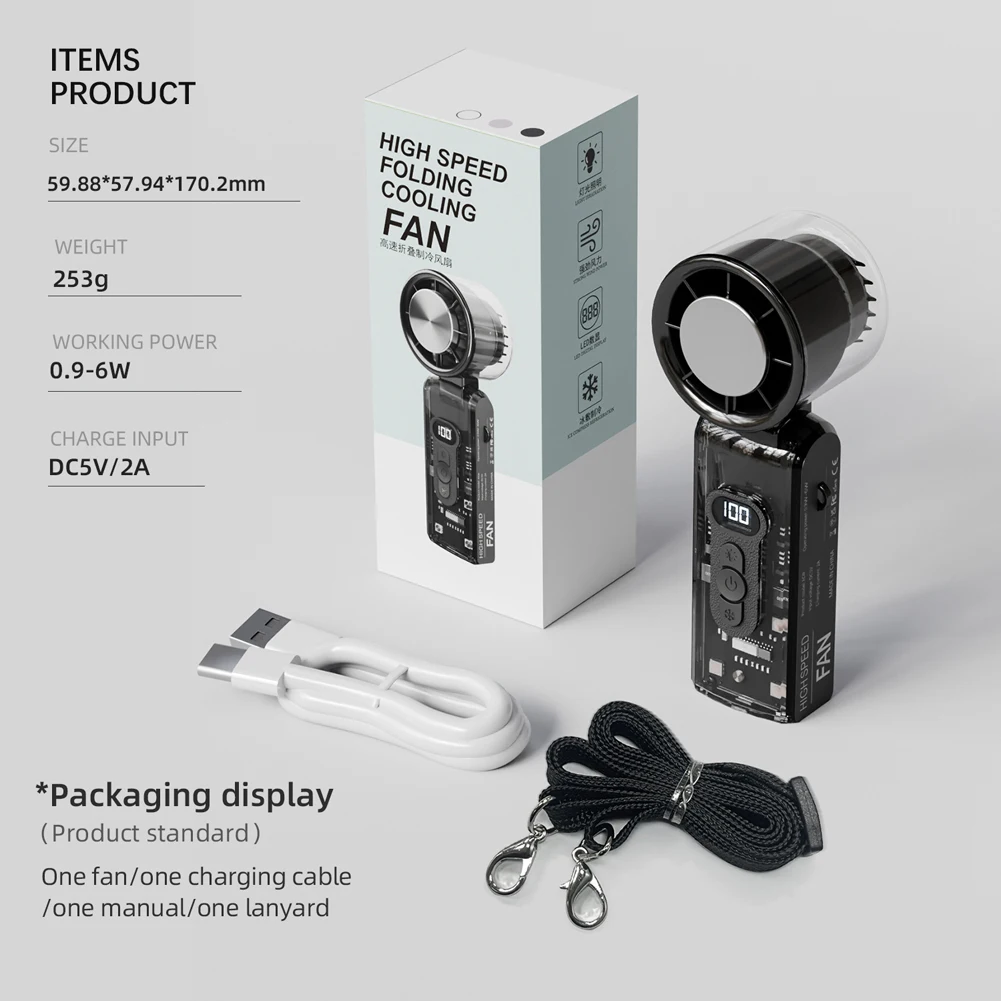مروحة مكيف هواء محمولة للتبريد مع ضوء LED قابل لإعادة الشحن ومروحة تبريد شخصية قابلة للطي ومروحة تربو صغيرة للاستخدام في الهواء الطلق