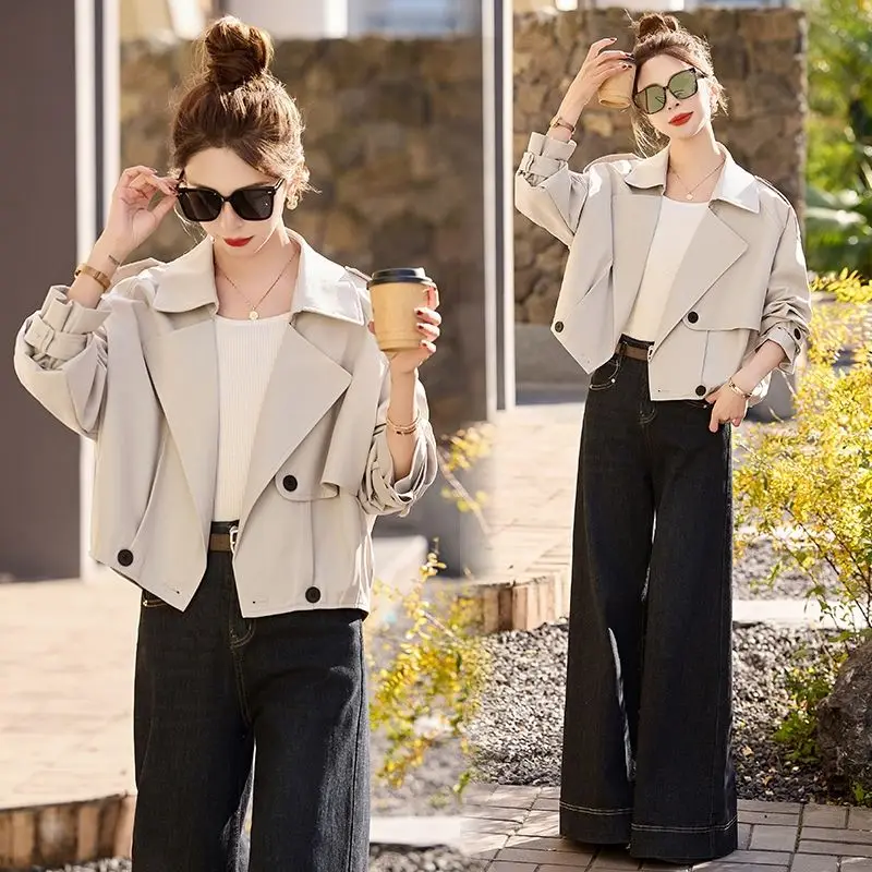 2026 New Spring Autumn Short Trench Coat Women's Short Hooded Jacket Korean Style Women Turn-down Collar Casual Windbreaker