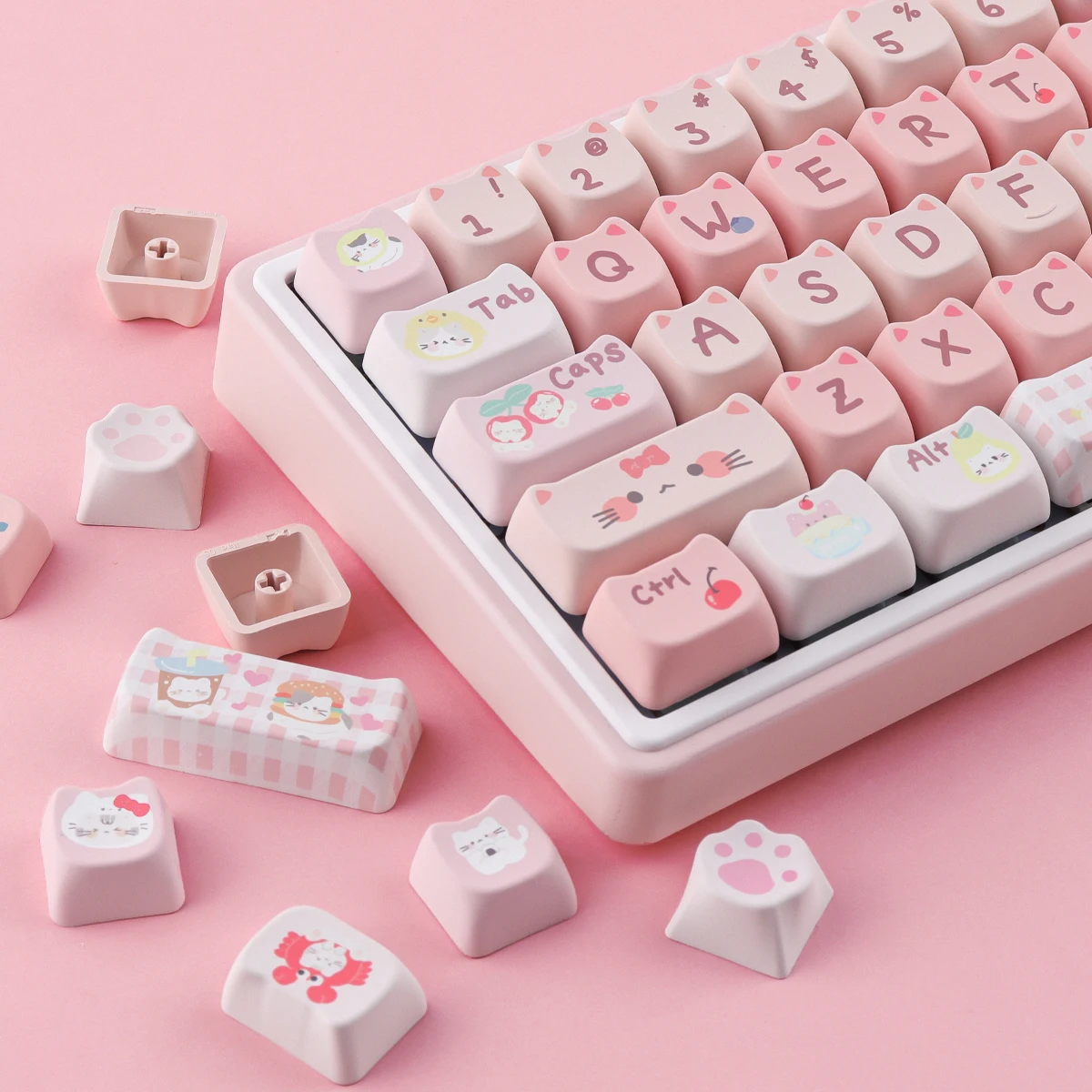 140 keys of the Pink Kitten Keycaps PBT Dye-Sublimated  MAO Profile  For Mechanical Keyboard