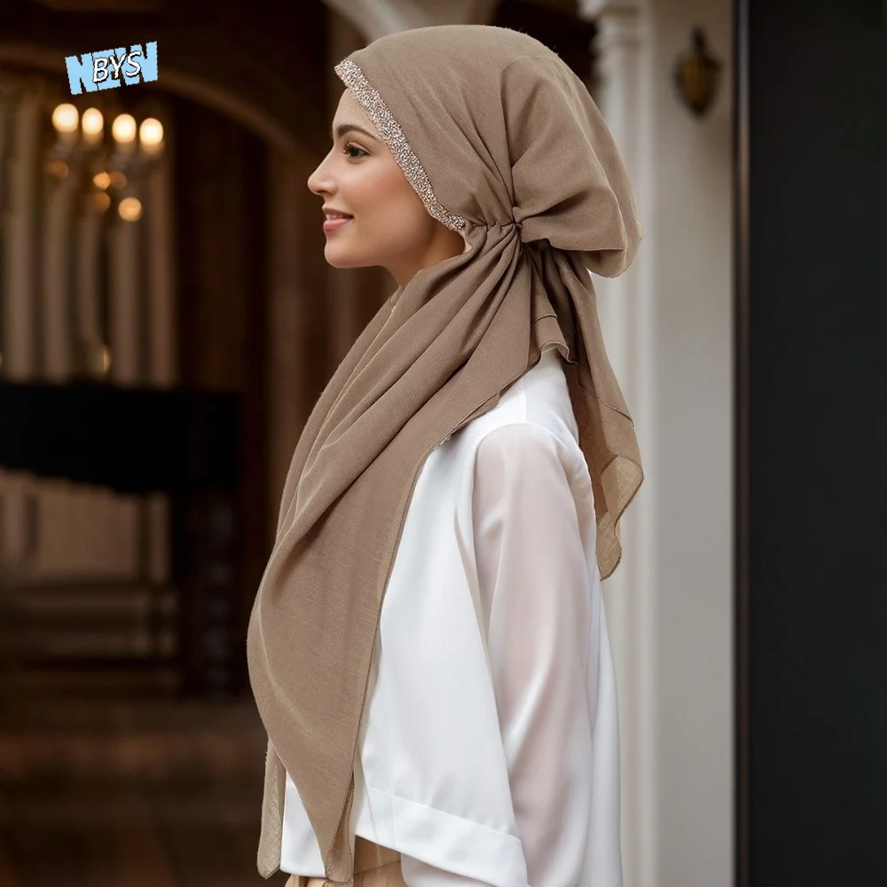 

Rhinestone Women Hijab Hat Breathable Full Coverage Islamic Turban Soft Texture Premium Fabric Elastic Headband Cap Prayer Use