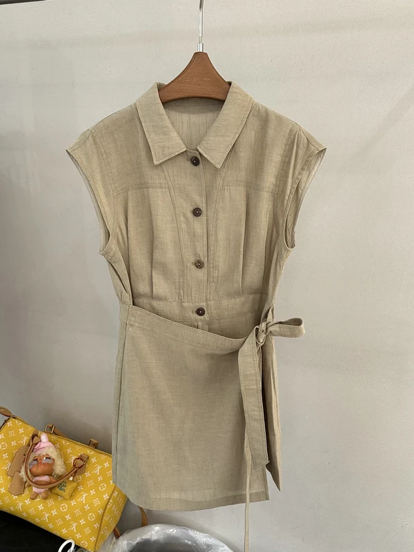 

Elegant Linen Shirt Dress Side Tie Waist Fake Two-Piece Summer 2026 Women's Fashion Casual Single Button Closure