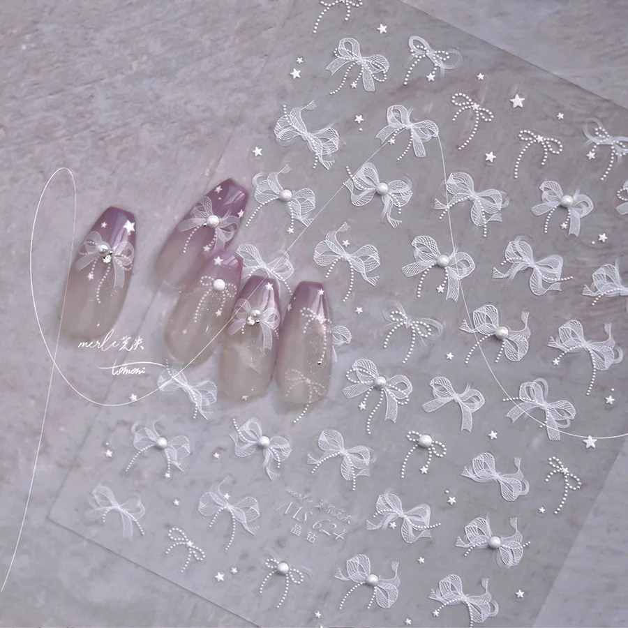 1 Sheet 5D White Elegan Lace Bow Nail Art Stickers Luxury Pearl Rhinestones Nail Decoration Adhesive Decals Slider DIY Accessory