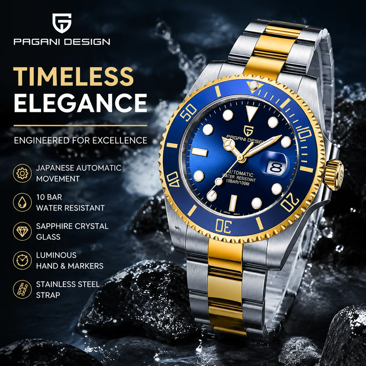 PAGANI 43mm Men's Mechanical Watch Luxury Stainless Steel Diver Watch Sapphire Crystal Luminous Waterproof Busines Wristwatch