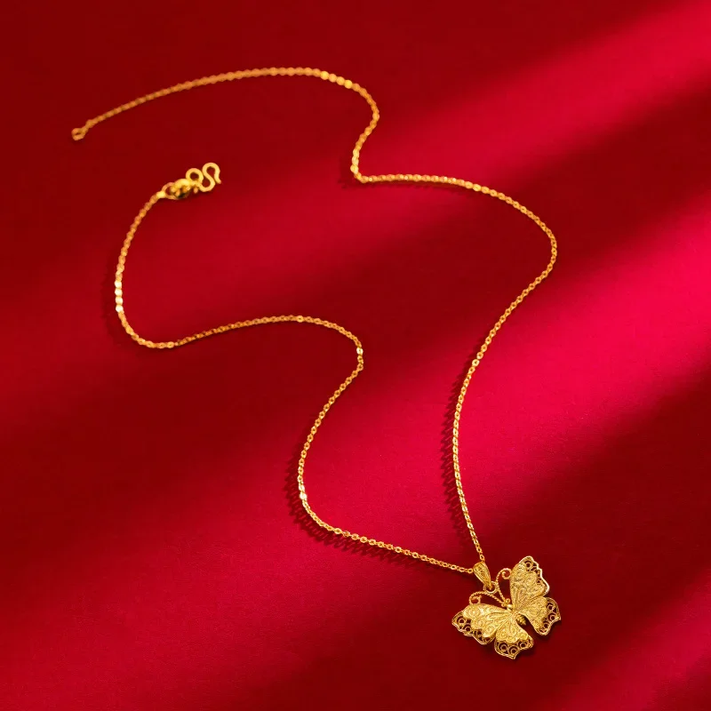 Colgante de mariposa de seda de oro amarillo de 24K para mujer, collar de mariposa dorada antigua, cadena de clavícula de alta gama, oro real 9999