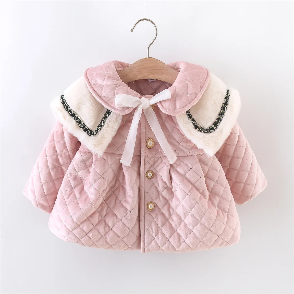 Winter Girls' Small Fragrant Cotton Coat Colored Large Lapel Bow Tie With Cotton Velvet Clip Delicate Fashion Thickened Coat