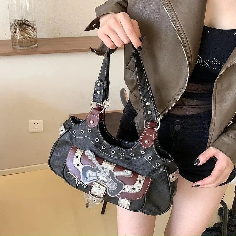 Women's Vintage Distressed Denim & Faux Leather Patchwork Bag | Rivet-Embellished Buckle Shoulder & Underarm Handbag