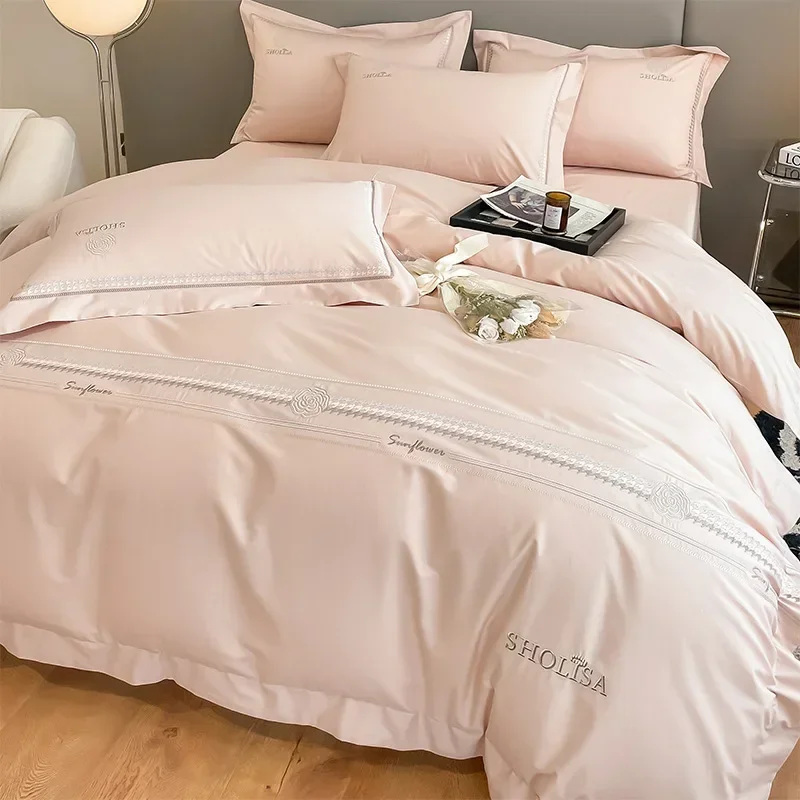 

Light Luxury Style 120 Thread Count Pure Cotton Four Piece Set Embroidered All Cotton Quilt Cover Premium Feeling Bed Sheet
