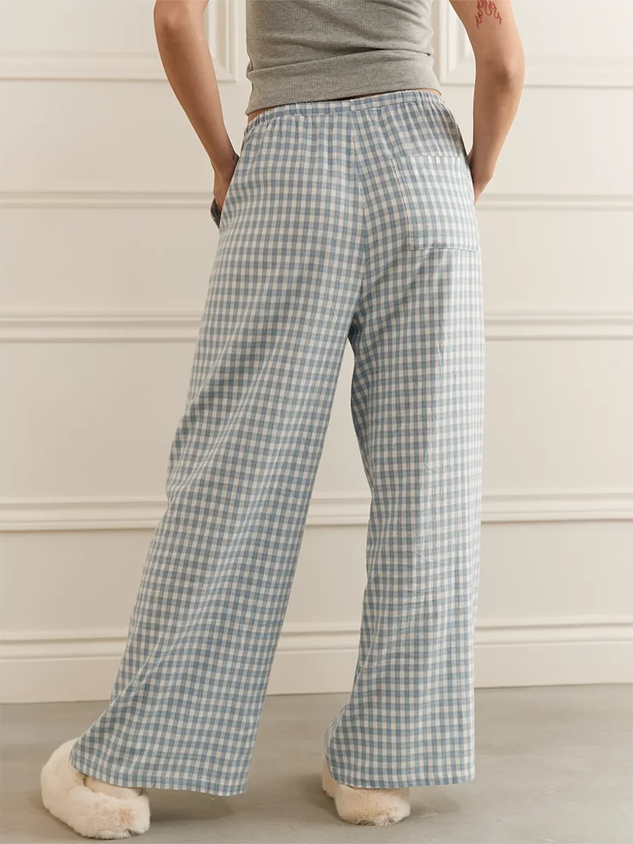 Women'S Sky Blue Checkered Printed Casual Pants With Drawstring Wide Leg Pockets and Sleeping Casual Pants