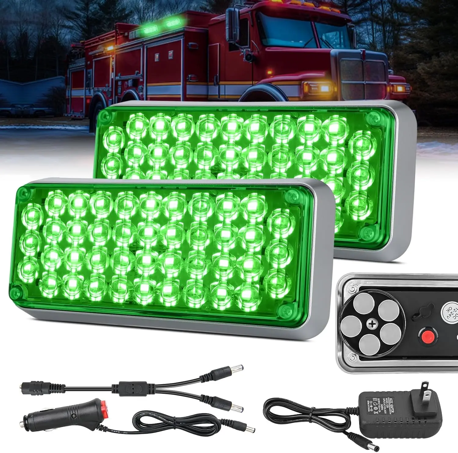 2PCS 42LED Green Wireless Magnetic Strobe Lights Portable Warning Hazard Light 5 Patterns for 12V 24V Trucks Van Road Vehicles