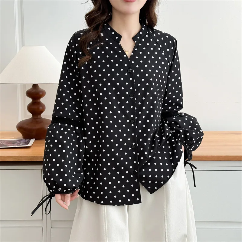 Women Plus Size Polka Dot Long Sleeve Shirt 2026 Spring V-Neck Lace Up Elegant Blouse Curvy Ladies Casual Top 780 view 3
