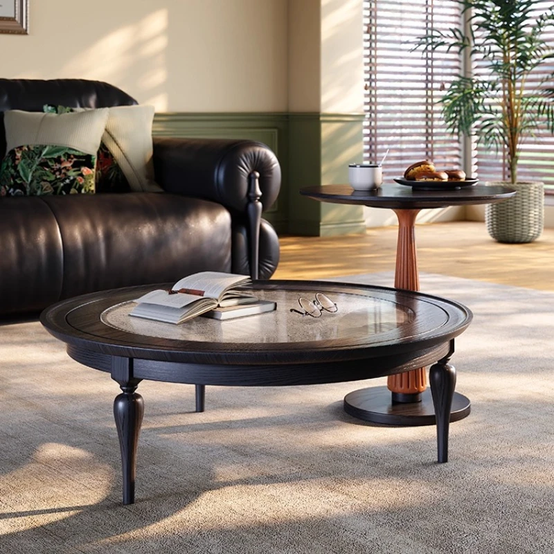 

French retro round coffee table living room furniture black solid wood glass medium antique size garden coffee table