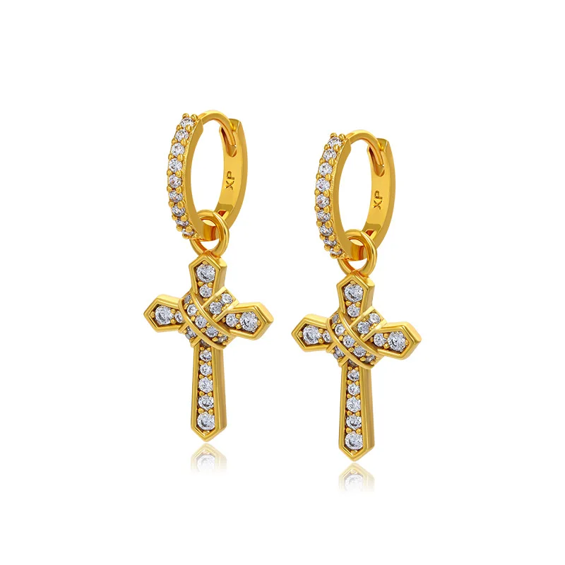 24K real gold fashion cross set zirconium earrings au9999 pure gold women's new retro personality earrings earrings