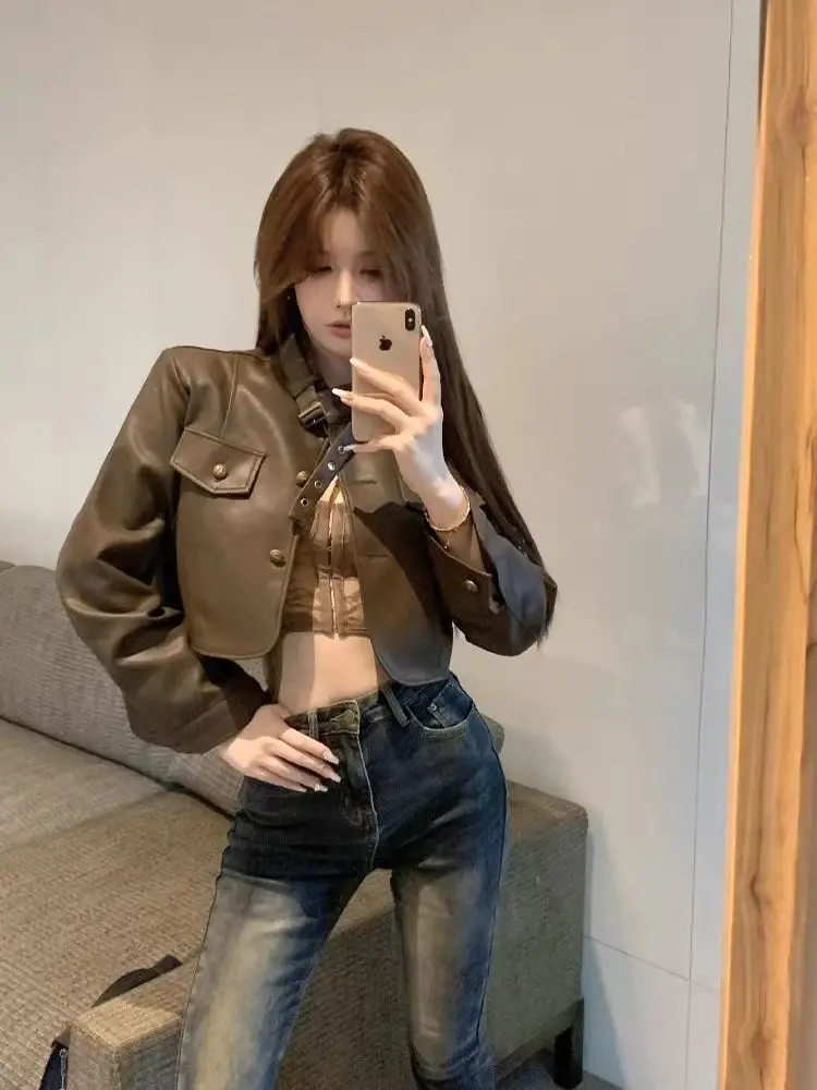 Ele ort PU cuir Biker Jaet femmes Faion printemps automne nouveau Sle petite taille personnalité haut d'extérieur