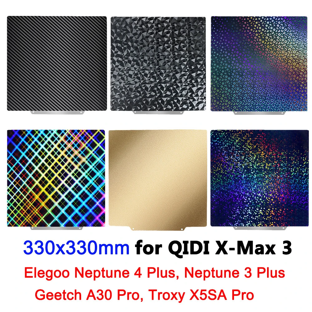 

330x330 мм для QIDI X-Max 3, Elegoo Neptune 4/3 Plus, Geetch A30 Pro, Troxy X5SA Pro PEI Листовая конструкция, двусторонняя платформа с подогревом