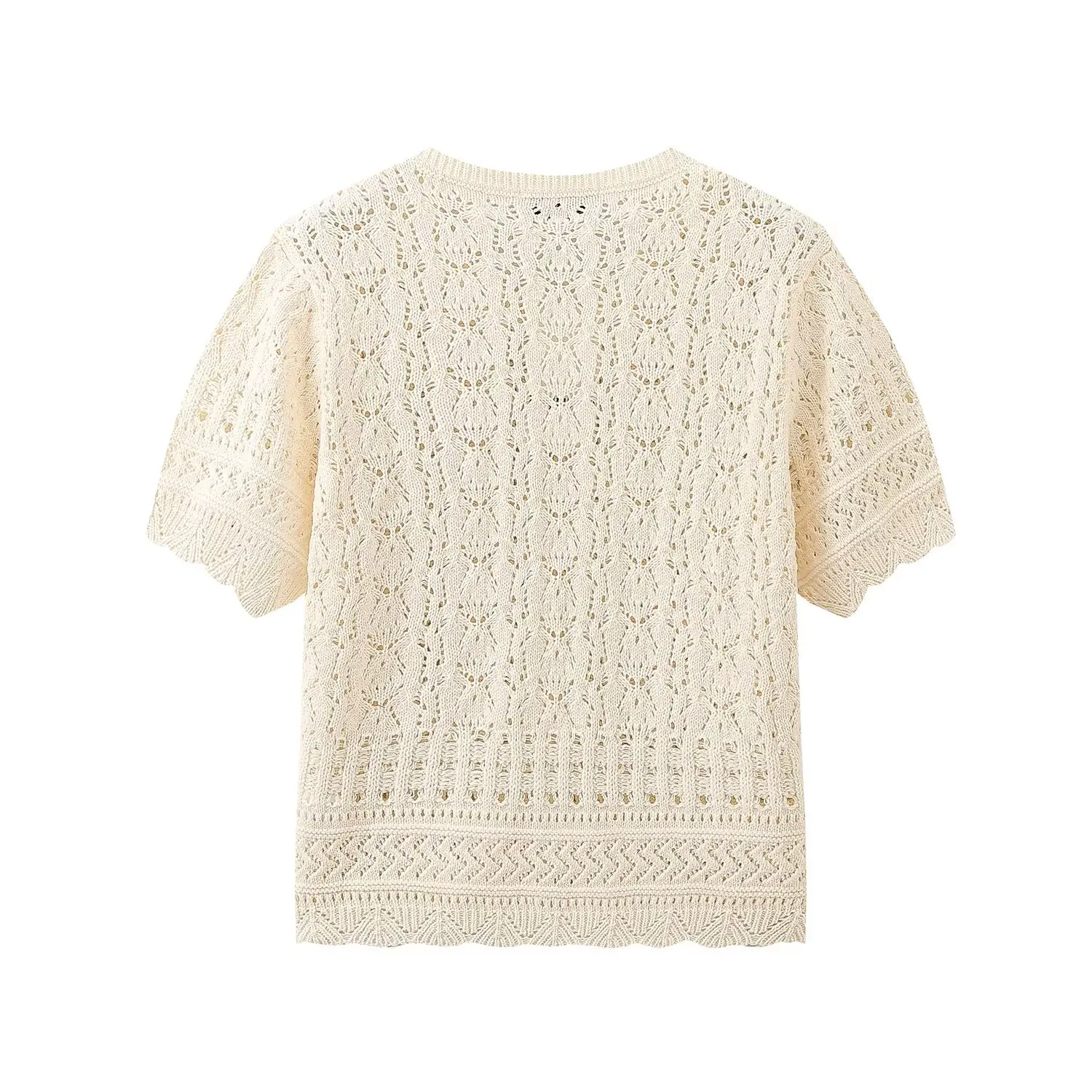 TRAF Women Summer Elegant Short-Sleeved Pearl-breasted Decoration Knitted Cardigan Jacket Women\'s O-neck Hollow Jacket 9598/123