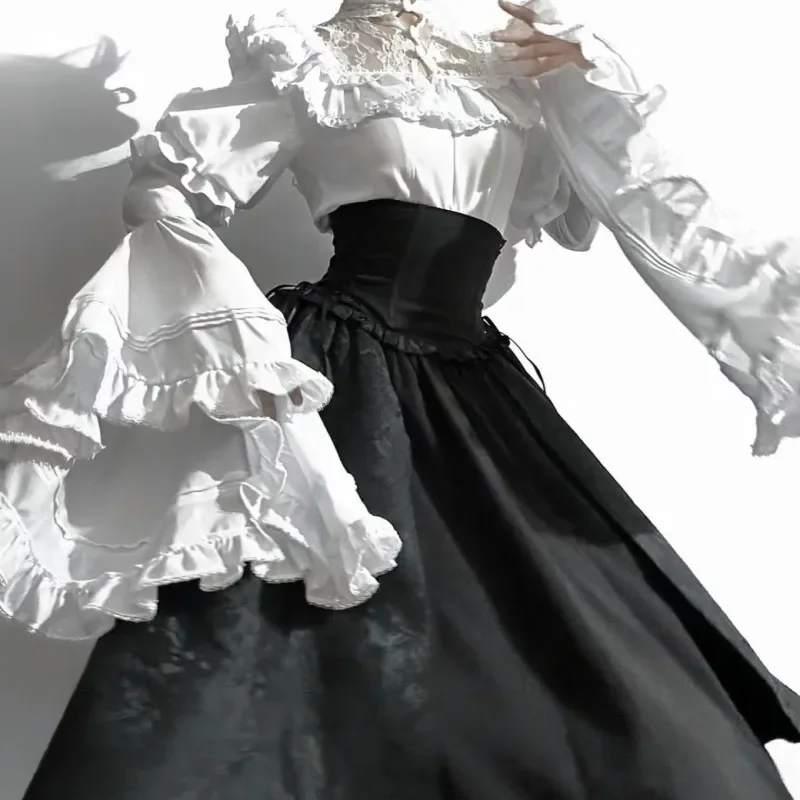 Lolita Gothic Dark Academiaเสื้อผ้าElegant Y2k Vintageเสื้อแขนยาวสีขาว 2025 ใหม่Ruffles Slim Fitเสื้อผู้หญิงกระโปรง