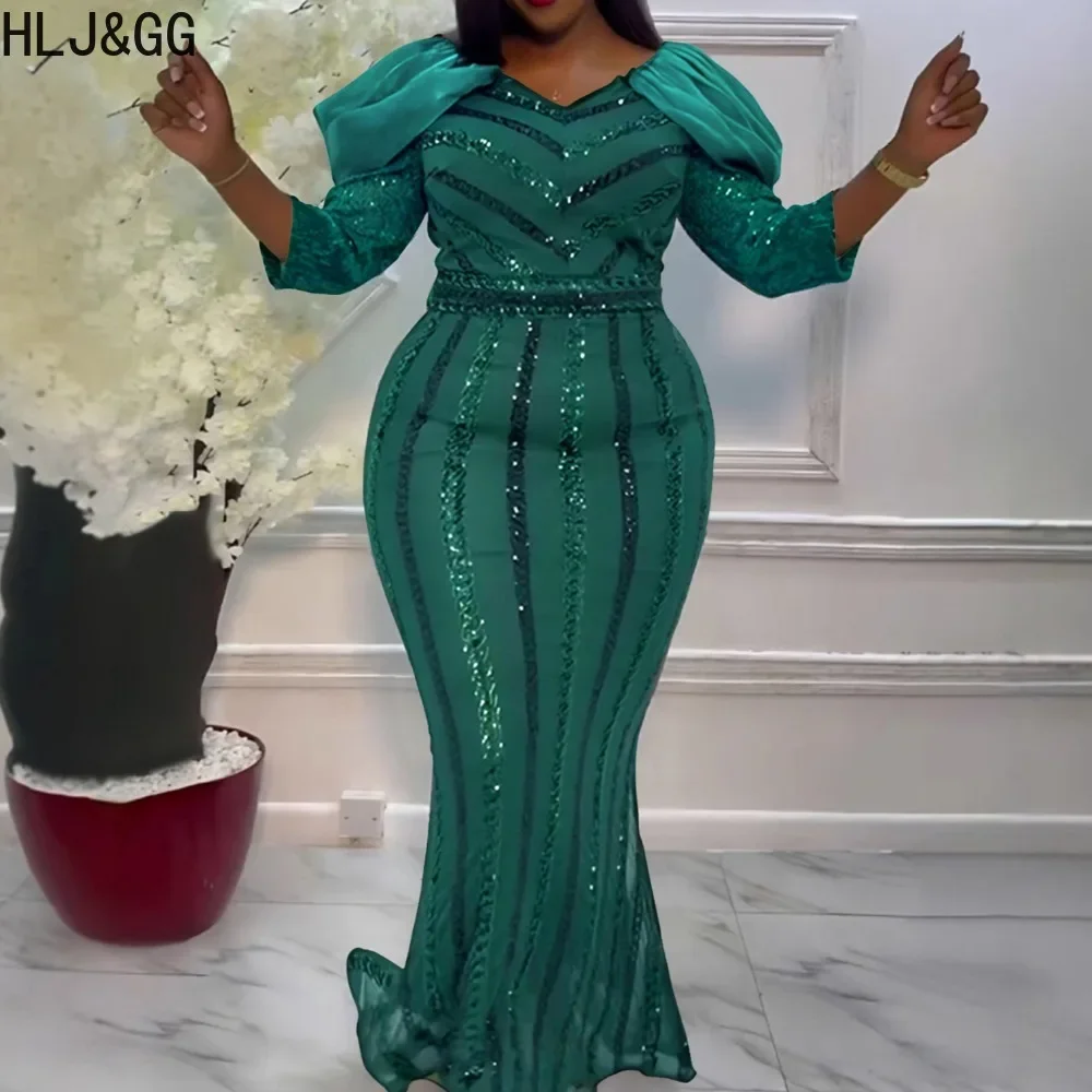 

HLJ&GG Sexy Sequin Bodycon Long Dresses Women V Neck Long Sleeve Slim Stretchy Vestidos Green Fashion Party Club Clothing 2025