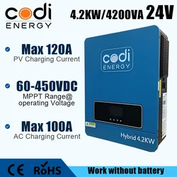 CODI 4.2 KW Hybrid Inverter 4200W Pure Sine Wave 24V 220V Solar Inverters MPPT 450VDC 120A Max Solar Charging Home Inversor