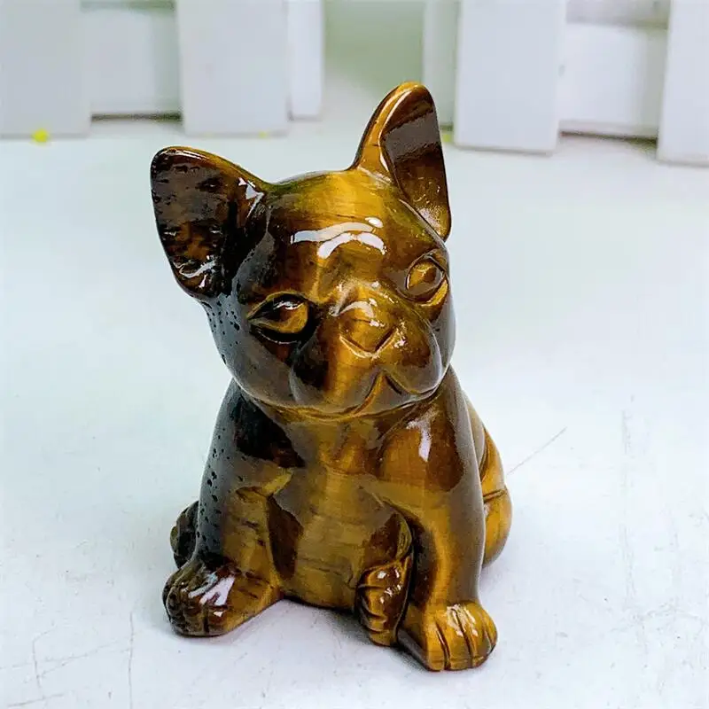 5.5cm Natural Tiger Eye Stone French Bulldog Dog Figurine Healing Crystal Aesthetic Decor Luck Witch Halloween Gift 1pcs