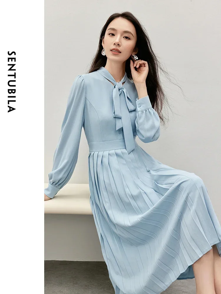 SENTUBILA Pleated Detail Dresses for Women 2024 Autumn Lace-up V Neck Retract Waist Elegant French Women Dress 144L56683