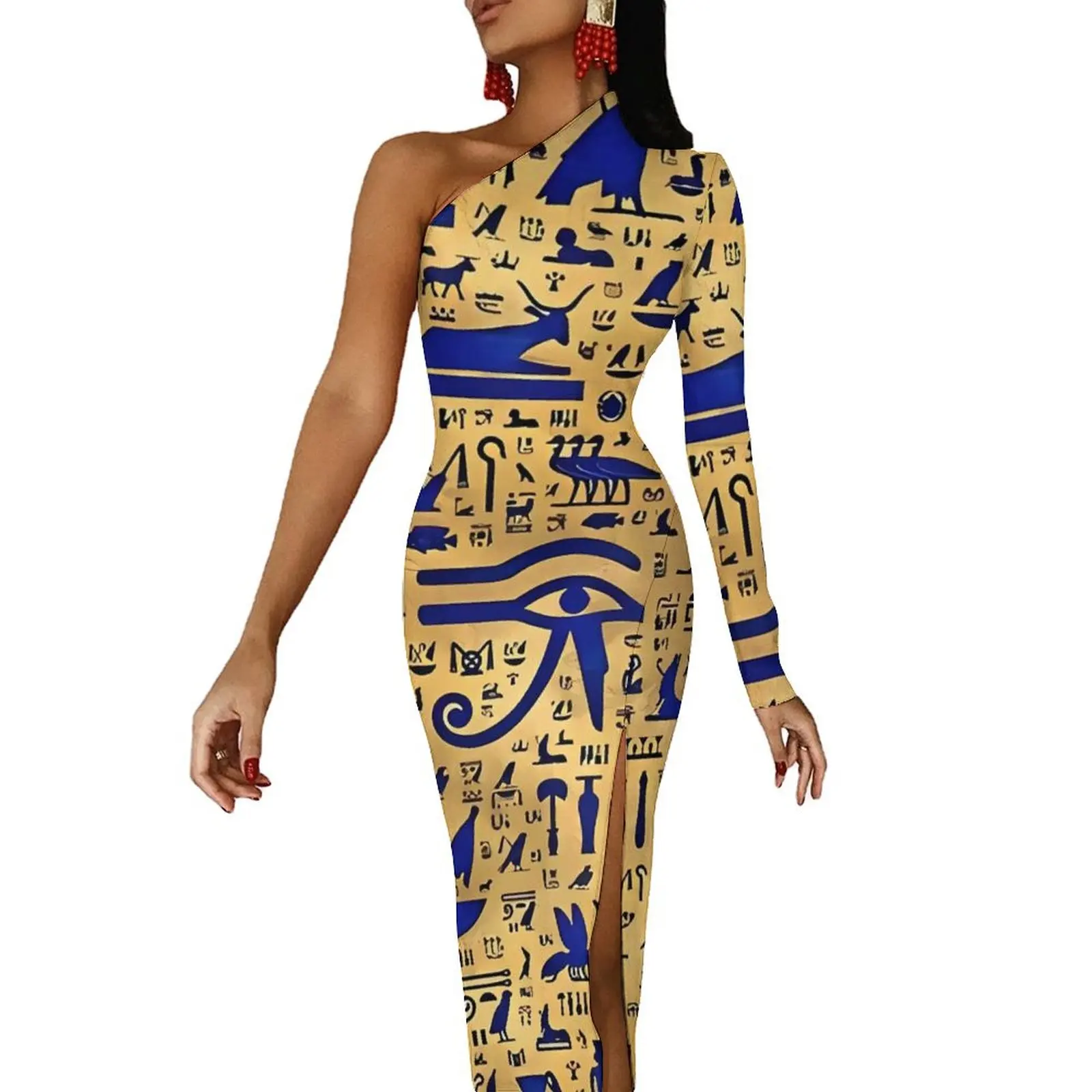 Ancient Egyptian Art Maxi Dress One Shoulder Lapis Lazuli and Gold Party Bodycon Dresses Summer Pretty Dress Lady Design Clothes