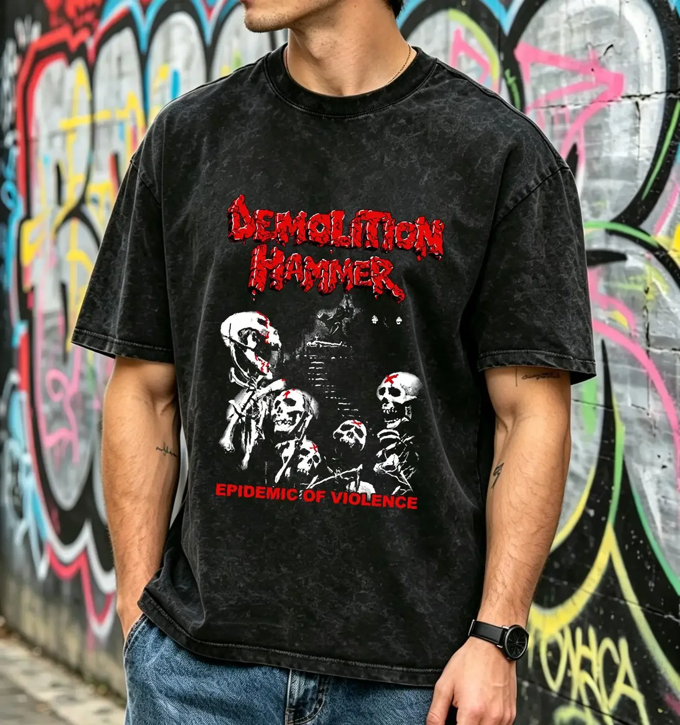 washed T Shirt Demolition Hammer Epidemic Of Violence Full Size S 5XL TR2793 long or short sleeves vintage Washed Stylish homme