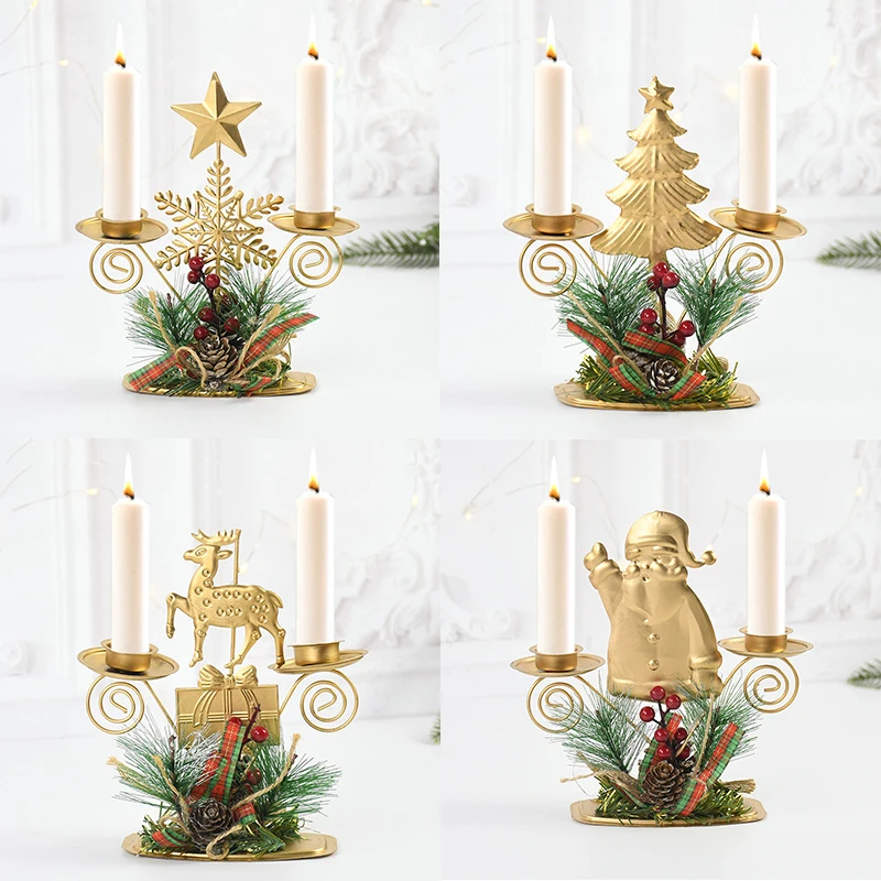 Navidad Noel Christmas Decoration New Year Candle Holder Metal Christmas Tree Candlestick Santa Berry Ornament Xmas Table Decor