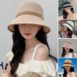 Bucket Hat Spring Summer Hollow Cotton Linen Hat Solid Color Sunhat Fisherman Caps Casual Foldable Beach Cap