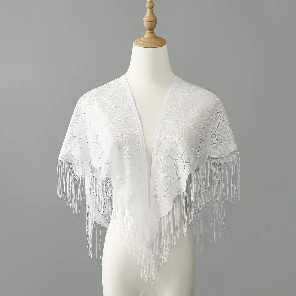 Fashion Pure Color Lace Scarf Hollow Mesh Transparent Triangle Scarf with Tassels Lady Capes Wraps