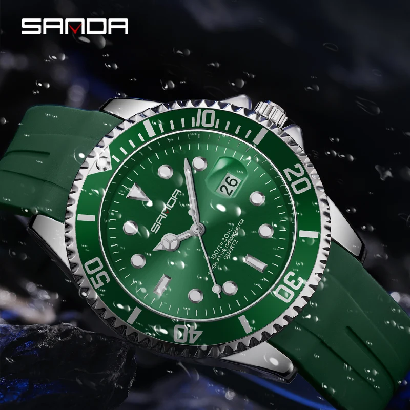 SANDA Mens Automatic Mechanical Watches Fashion Green Water Ghost Dial Simple Calendar Display Waterproof Silicone Strap Reloj