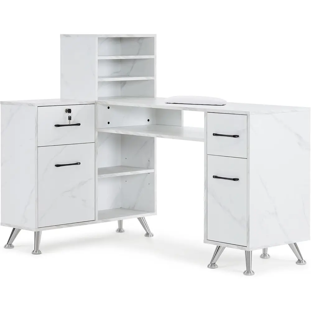 White L-Shaped Storage Manicure Table with Open Shelves