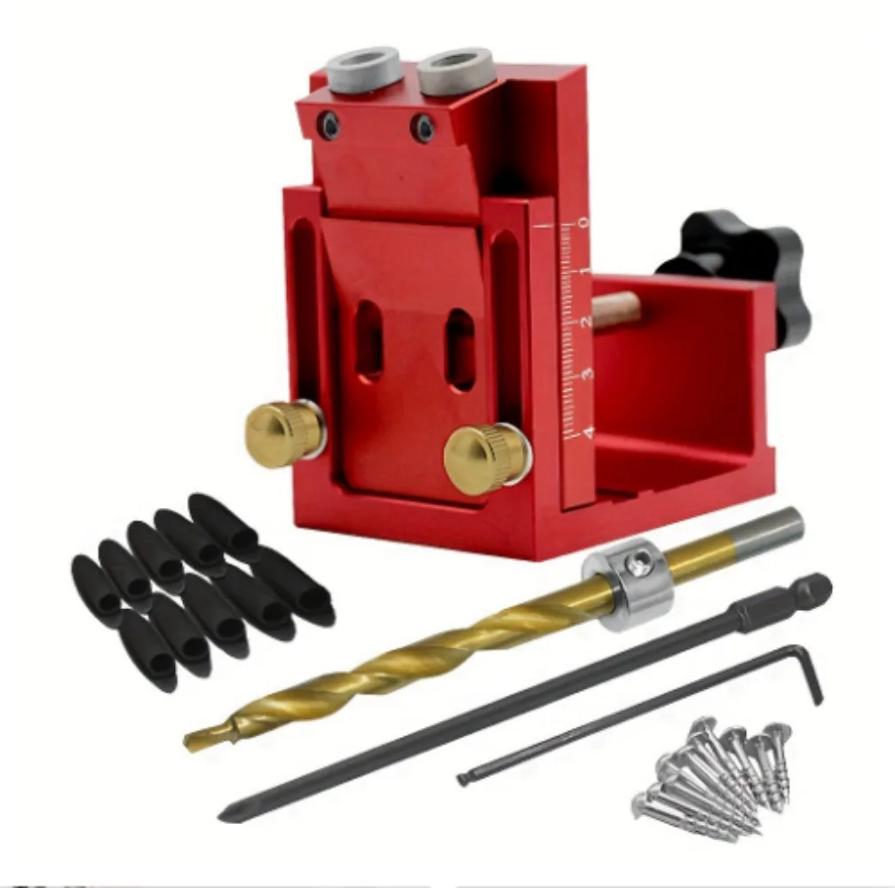 Adjustable Pocket Hole Jig Kit, Aluminum Woodworking Oblique Hole Locator with 9mm Drill Bit for Furniture Cabinet Making