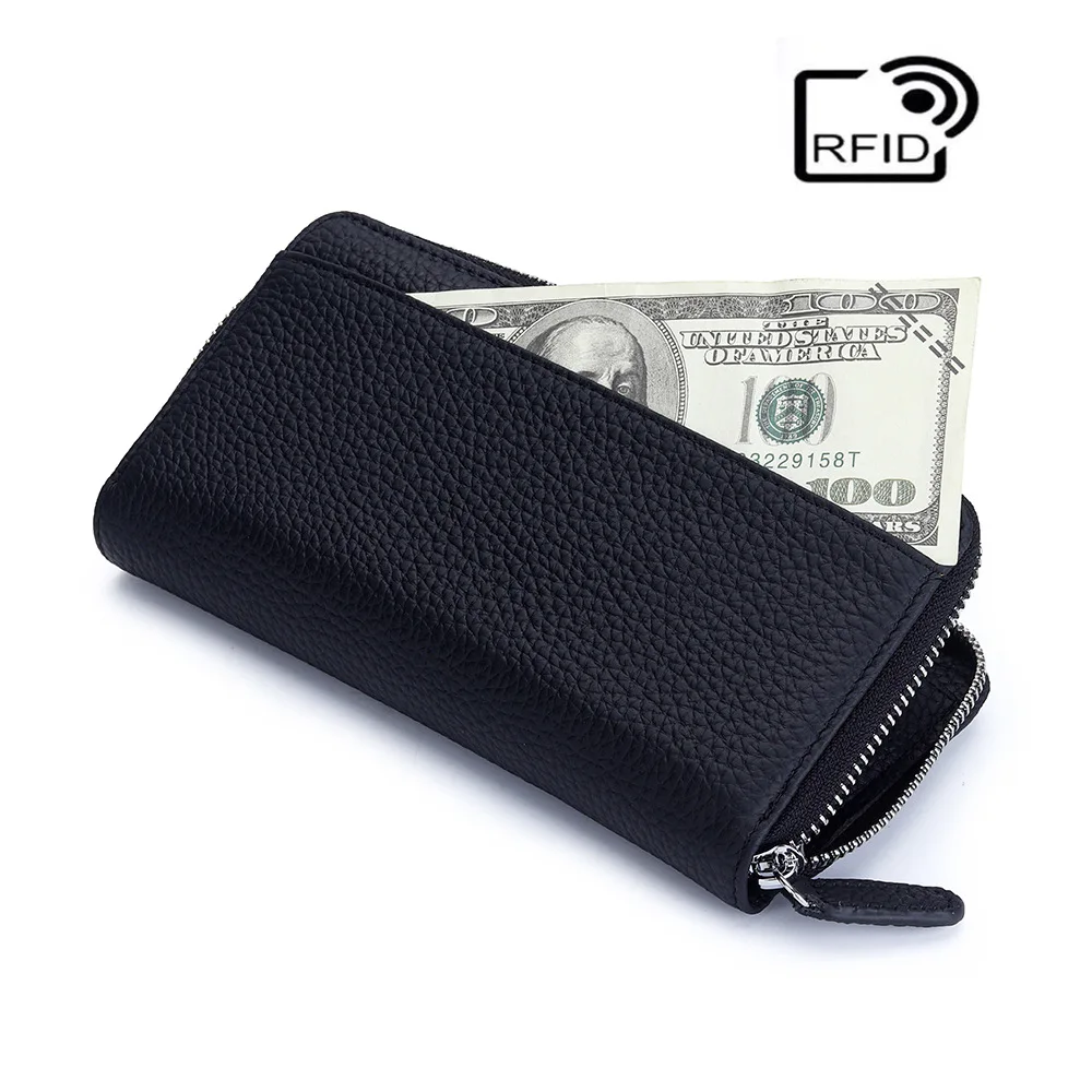 Cartera de cuero genuino para mujer con bloqueo RFID y cremallera alrededor de tarjetas de crédito, carteras de mano para teléfono, monederos de estilo japonés