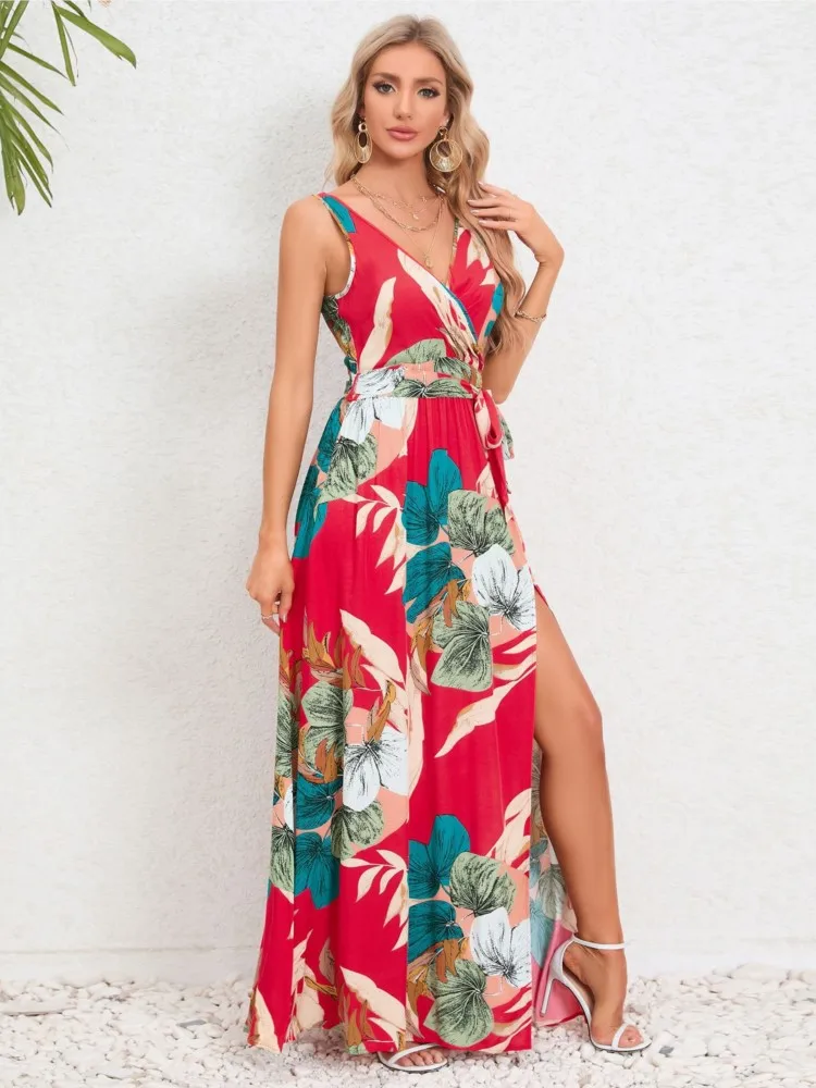 

Summer Flower Print Sleeveless Long Dresses Women Sexy V-neck Slim Leace-up Slit Dress Female Fashion Commuting Vacation Vestido