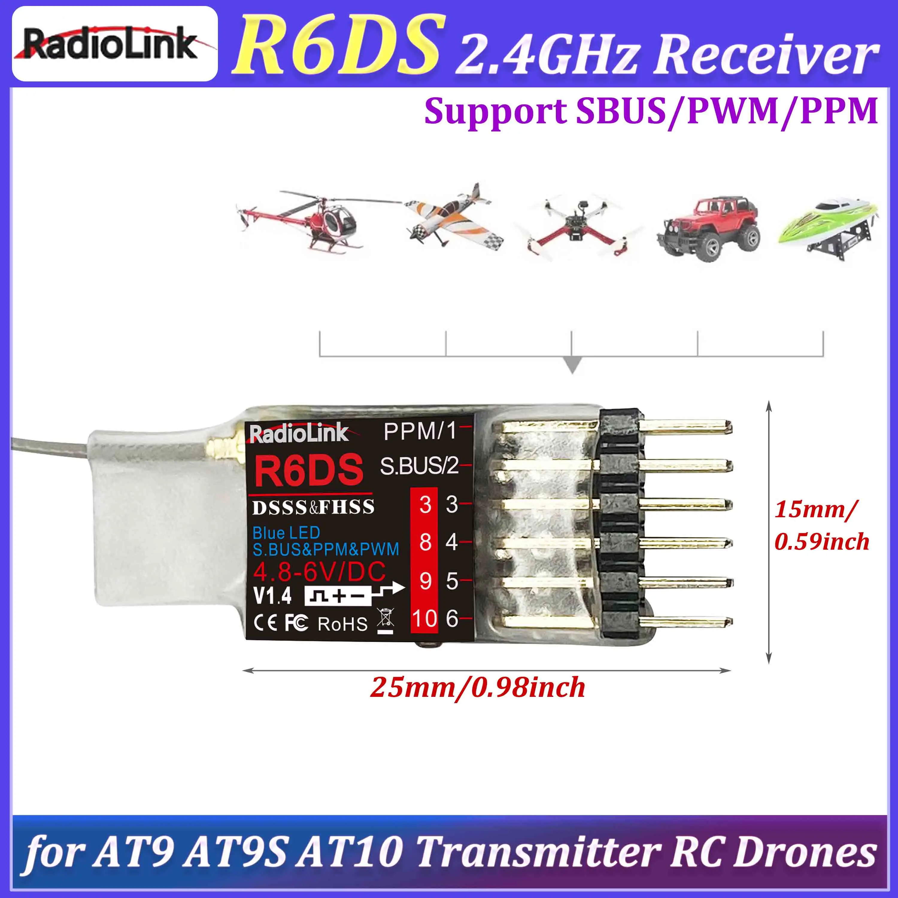 

Radiolink R6DS 2.4G 6/10CH Receiver Support SBUS/PWM/PPM for AT9 AT9S AT10 Transmitter RC FPV Racing Drone Quadcopter Airplane