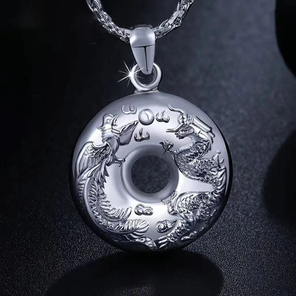 Real Pure Platinum 950 Men Women Lucky Carved Dragon Phoenix Circle Pendant 5.89g