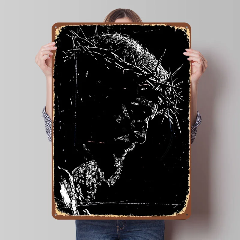 Jesus Christ With Crown of Thorns Poster Customized Wall Art Vintage Metal Signs Retro Tin Plaque for Man Cave Home Decoration
