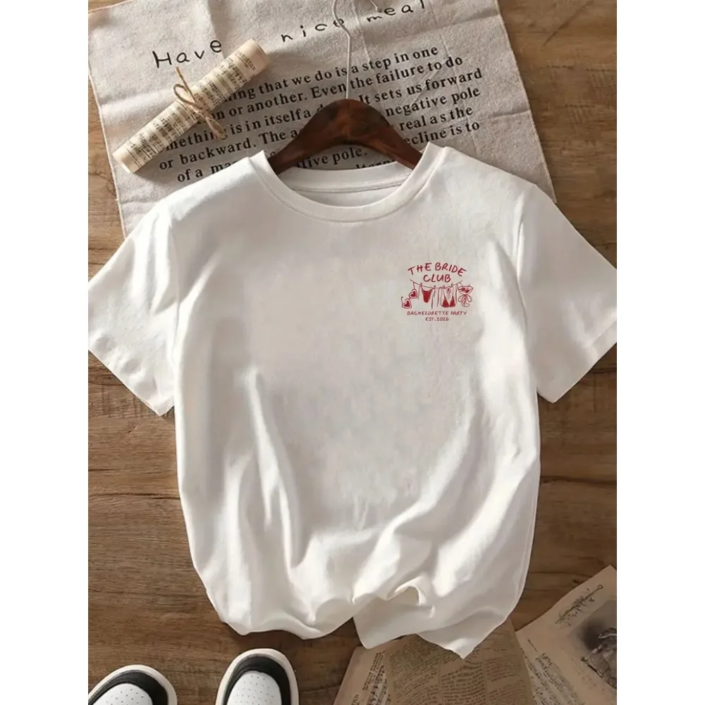 The Bride Club Fashion Party Graphic Print T-shirt Short Sleeve Crew Neck Casual Top Vibrant Geometric Design Relaxed Chic