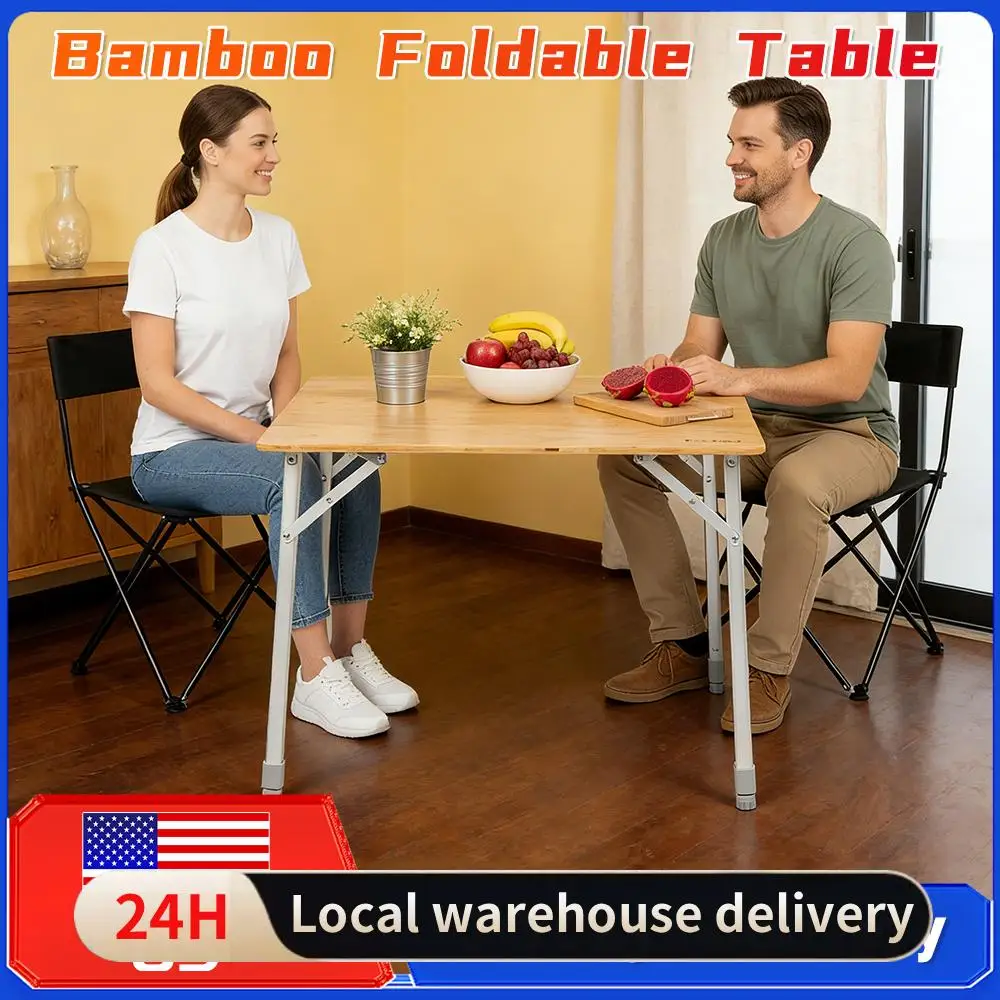 

Folding Bamboo Camping Table Adjustable Height 80KG Load 4-Fold with Carry Bag for Cooking Picnic Beach Backyard Garden Travel ﻿