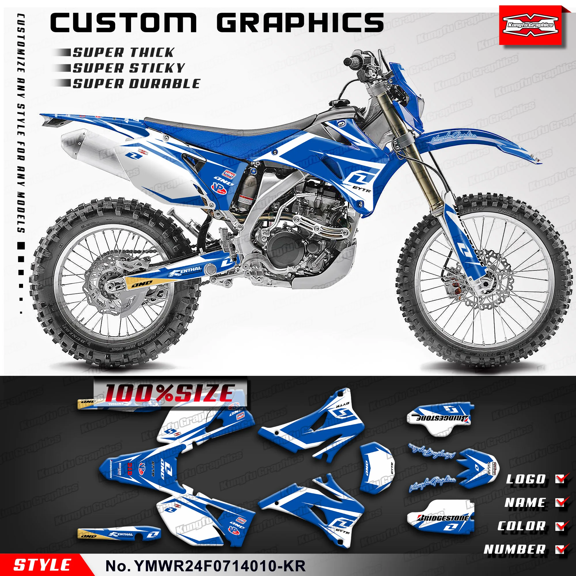 KUNGFU GRAPHICS MX Stickers Decal Kit for Yamaha WR 250F 450F WR250F WR450F 2007 2008 2009 2010 2011 2012 2013 2014, White Blue