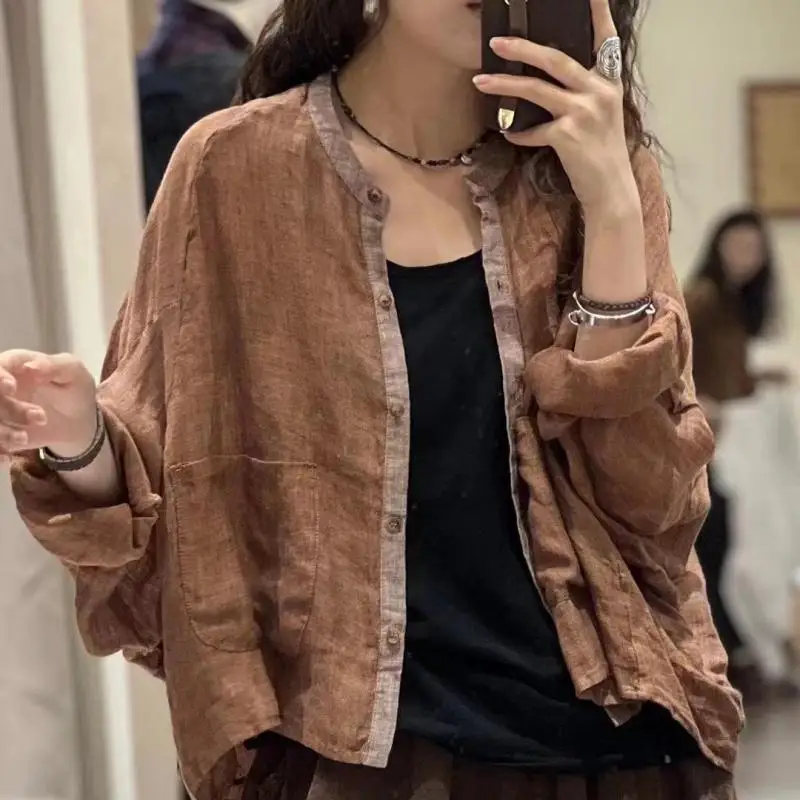 

2025 Spring Arts Style Women O-neck Single Breasted Casual Blouse Tops 100% Ramie Double Pockets Casual Shirts High Quality T14