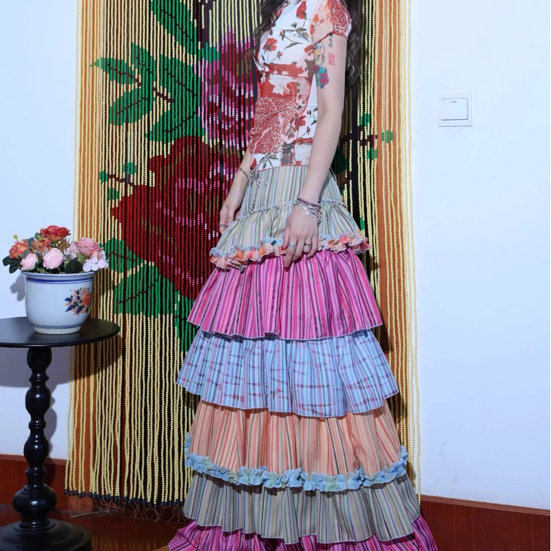 Retro Colorful Striped Splicing Lace Women's Skirt 2025 Summer New Sweet Cool Thin Fashion Level Fluffy Cake Long Skirts Ladies