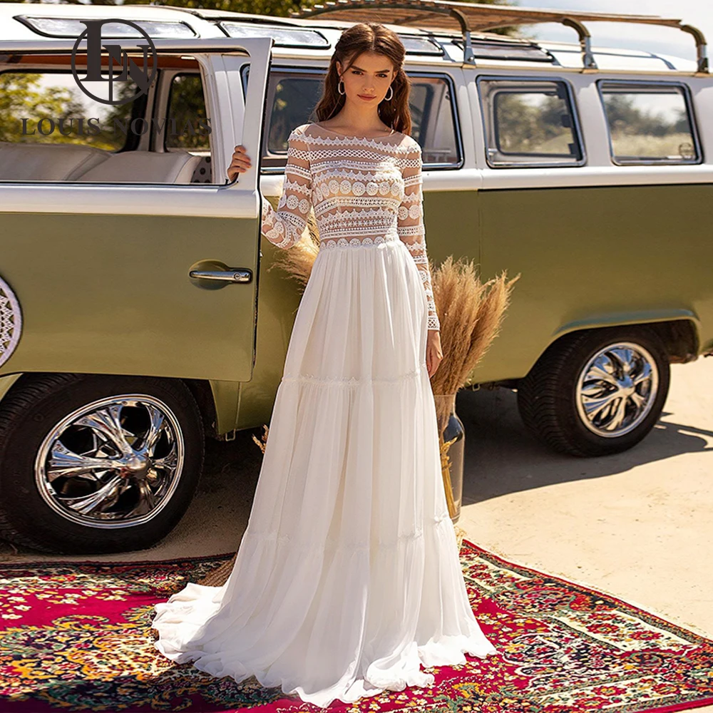 

LOUIS NOVIAS A-Line Lace Wedding Dresses For Women Fairy Scoop Semi-Transparent Long Sleeves Wedding Gown Vestidos De Novia