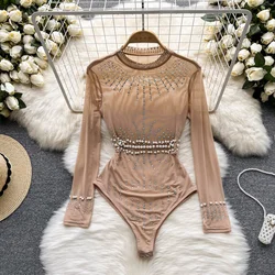 Sexy Women Bodysuit See Through Sheer Mesh Long Sleeve Body Tops 2024 summer Fashion Beading Skinny Club Party Rompers Overalls