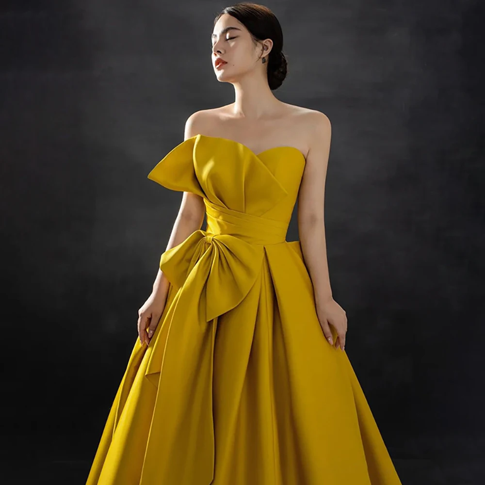 

Strapless Evening Dress for Women Quinceanera Birthday Party Luxury Yellow Satin Big Bowknot Long Dresses Elegant Lady Ball Gown