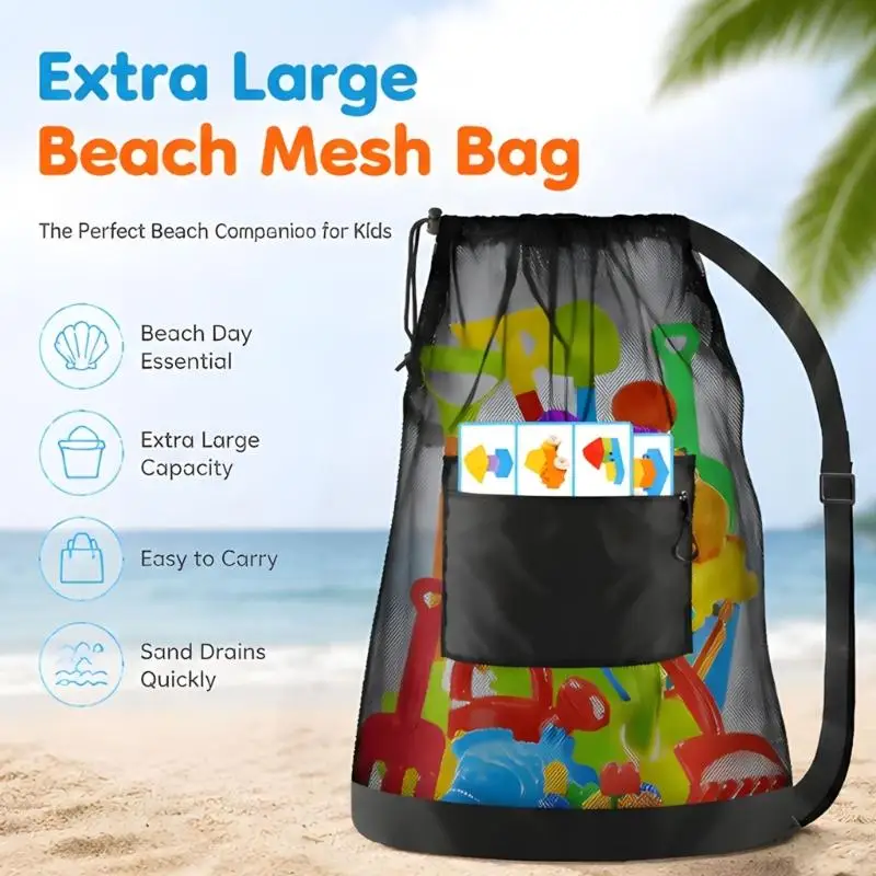 Beach Play Storage Bags 2 Pack for Kids, Drawstring Net Carry Bags with Reinforced Bottom for Shells, Poolside Items and A2UB