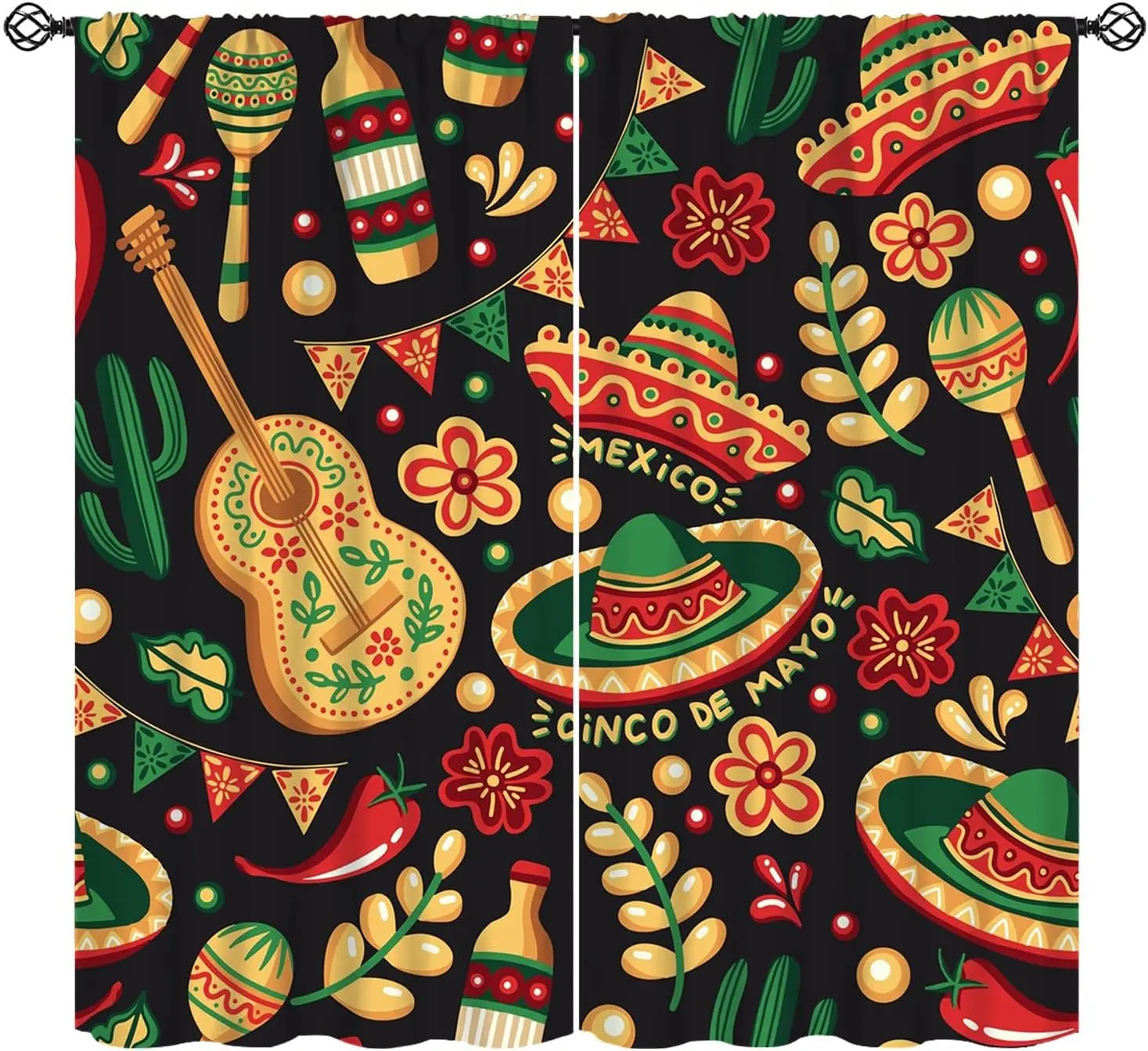 Black Mexican Carnival Curtains, Sombrero Guitar Maraca Cactus Chili Flower Cinco De Mayo Print Drapes for Party Living Room